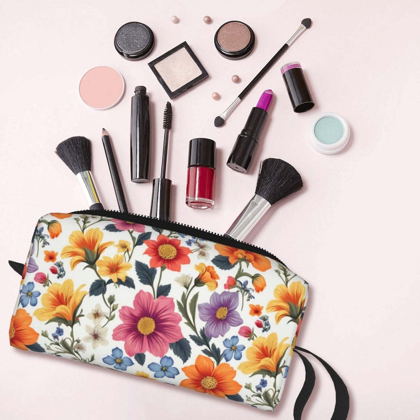 Vibrant Wildflower Makeup Bag Small Compact & Durable Travel Cosmetic Bag Organizer Oxford Fabric Impact-Resistant Multi-Purpose Storage Perfect for Travel, Gym, Daily Use