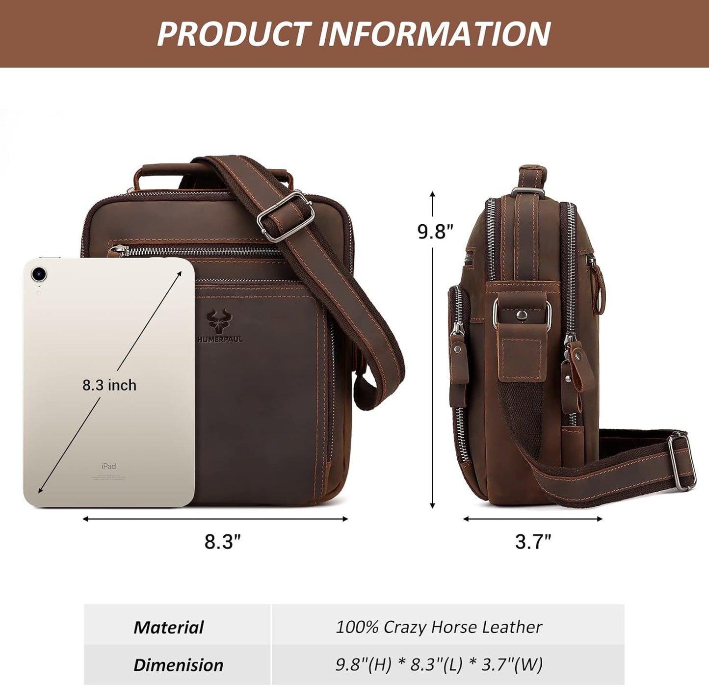 Crossbody Bag Shoulder Bag for Men, Genuine Leather Man Bag Vintage Messenger Bag for Travel Work Business