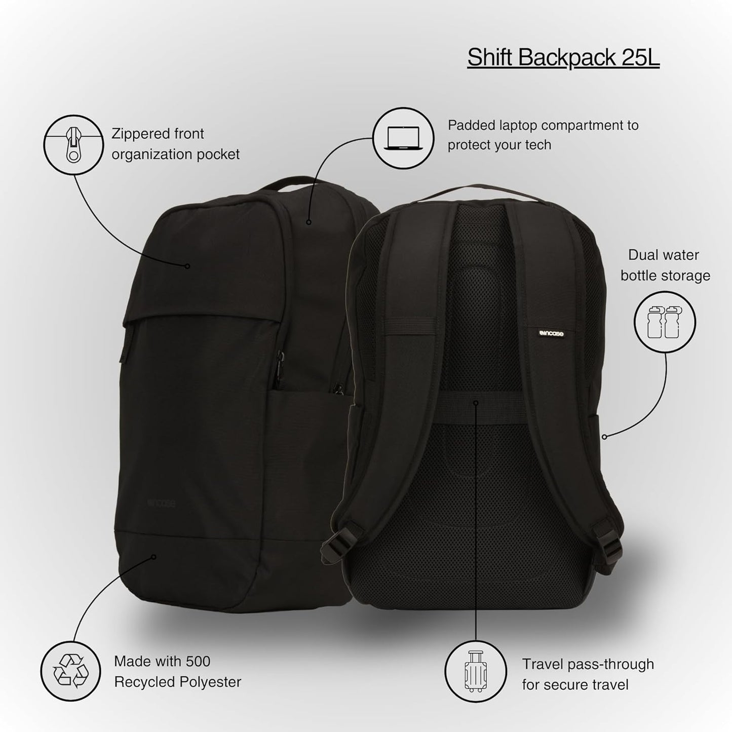 Incase Shift Backpack – 25L Commuter Tech Backpack with Padded Laptop Compartment for School or Work — Quick Access Pocket, Water Bottle Holders, Lightweight Everyday Carry Travel Essentials