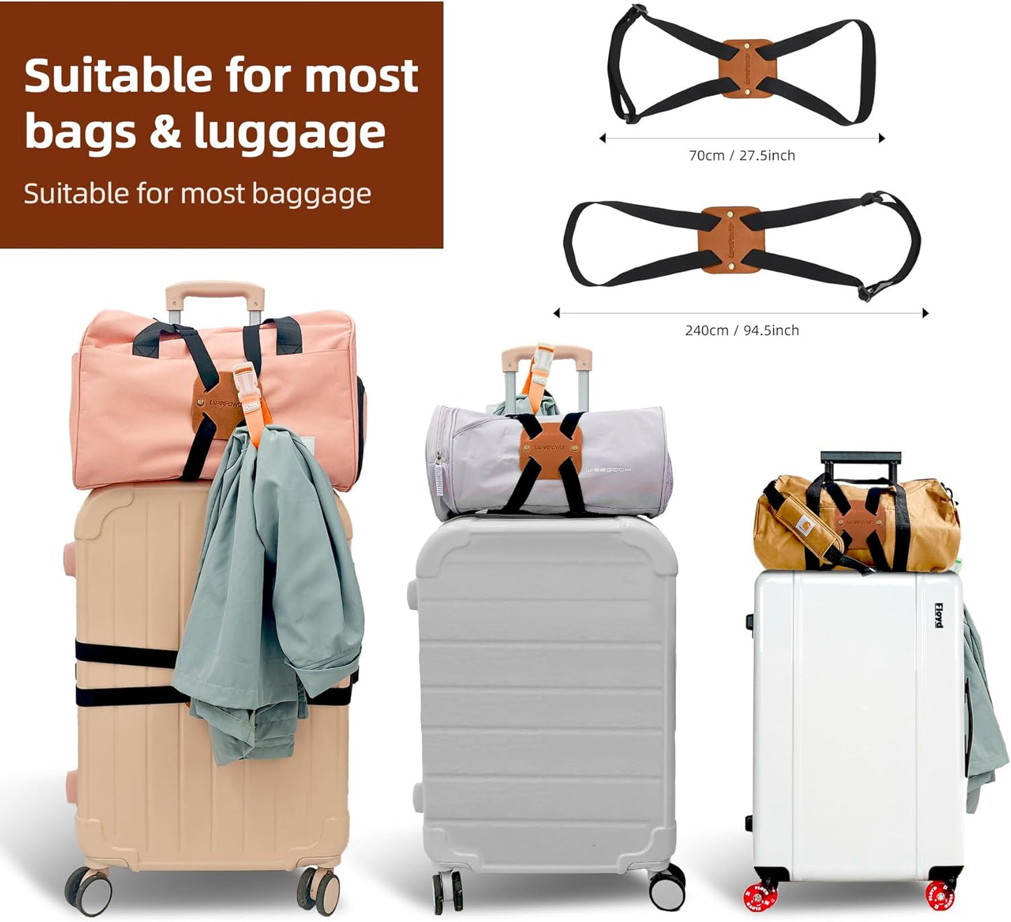Luggage Straps Bag Bungees, Adjustable TSA-Approved – High Elastic Suitcase Belt for Securing Carry-On (2 Pack Brown)