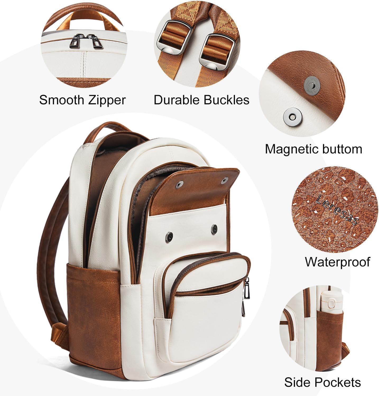 37L Backpack Purse for Women Men for Work Travel Back Pack Purses Vegan Leather Laptop College Daypack Shoulder Bag Beige