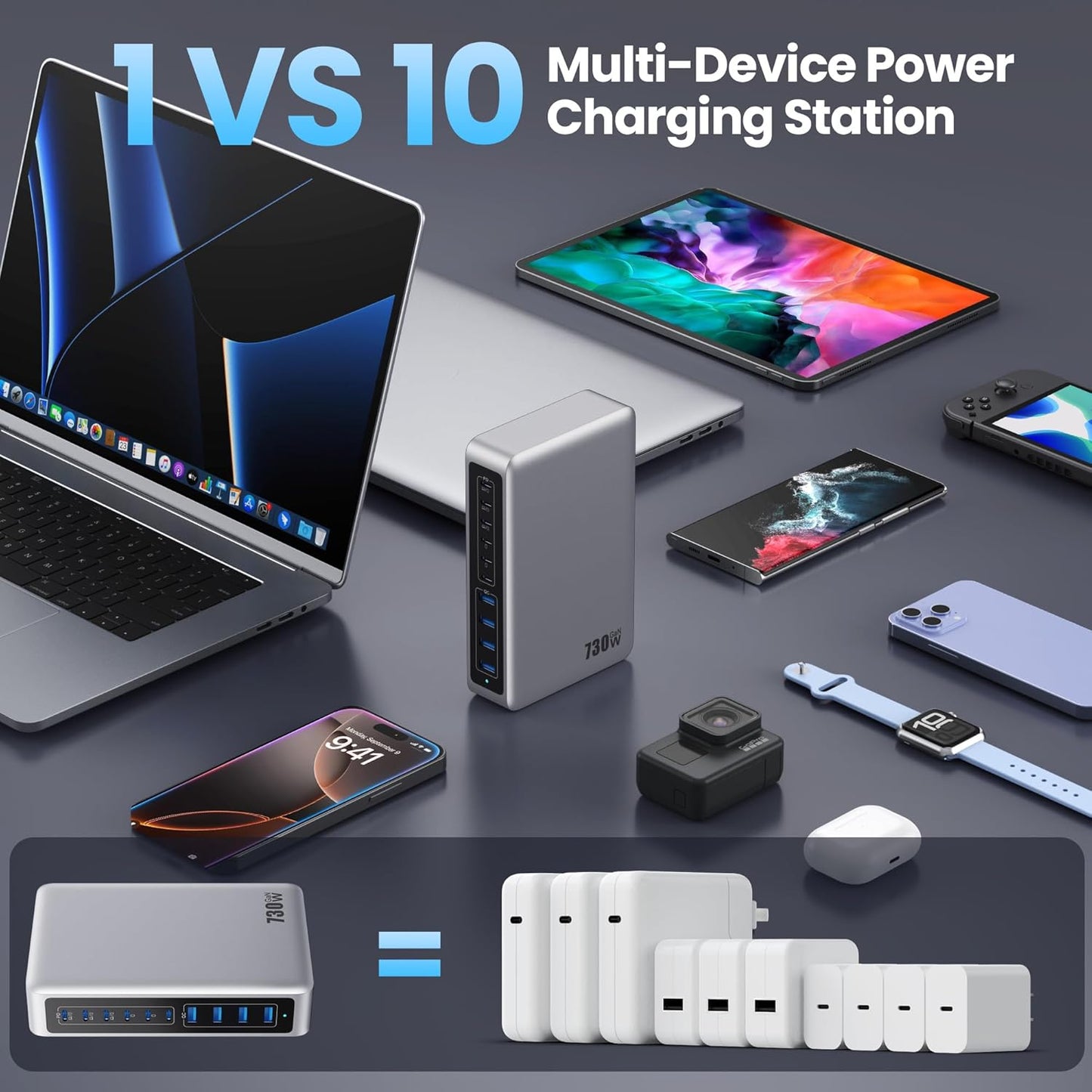 730W USB C Charger Block,10-Ports GaN V Fast Charging Station Hub,QC4.0+3 PD 100W Laptop Charger Wall Power Adapter for MacBook Pro/Air,DELL,iPhone 17/16/15/14,iPad,Galaxy S25,Pixel,Steam Desk-Silver