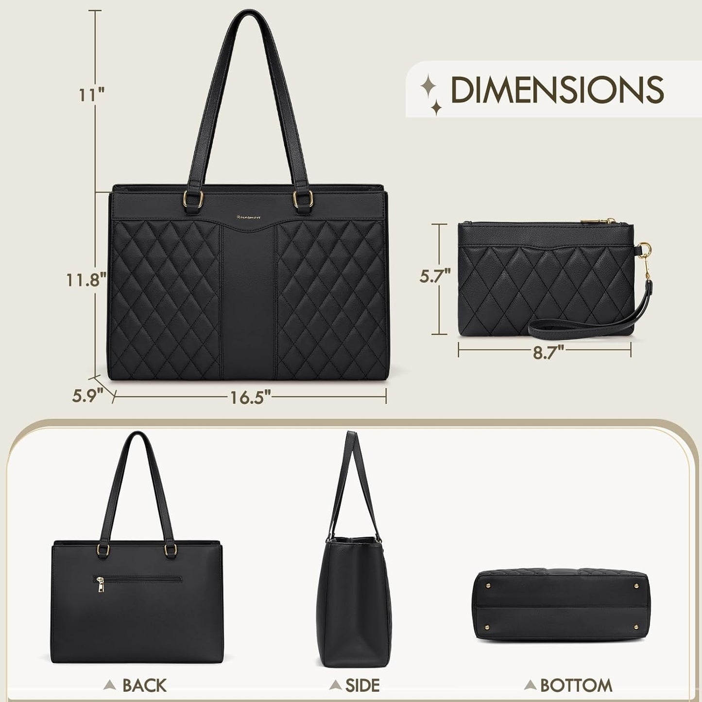 RAINSMORE Laptop Bag for Women 15.6 Inch Work Tote Bags Leather Laptop Tote Professional Laptop Purse Computer Handbag Womens Briefcase Tote with Clutch for Teacher Office Travel, Black