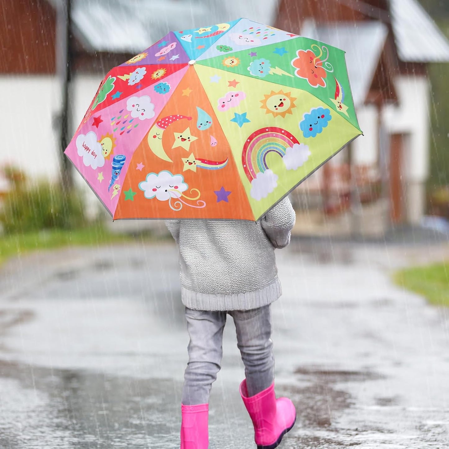 Kids Folding Umbrella Auto Open/Close Anti-rebound Safe Design UV Resistant Automatic Children Travel Umbrellas 8 Rib Reinforced Canopy 360° Reflective Strip Lightweight Cute Umbrella for Girls & Boys