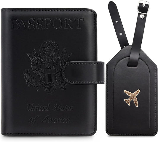 Passport Holder for Travel with Luggage Tag Cover – RFID Blocking Passport Wallet for Women & Men | Leather Passport Cover/Passport Case with Extra Money Pocket & Magnetic Clasp – Black