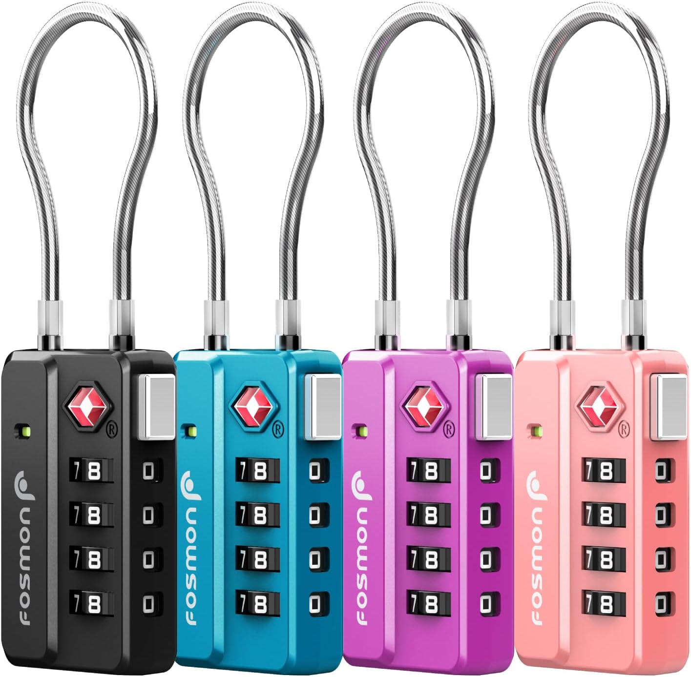 Fosmon Luggage Locks TSA Approved for Luggage & Suitcase, Mini Cable Locks Long Wire Padlock with 4 Combinations and Easy Reset Switch for Travel, Gym Locker, Gun Case, Backpack Zipper - 4 Pack