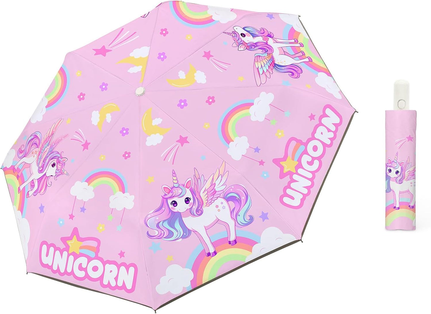 Autoamtic Kids Umbrella UV Resistant, Folding Compact Umbrella 360° Reflective Strip for Travel Outdoor, Lightweight Cute Kids Parasol Anti-rebound Safe for Toddler