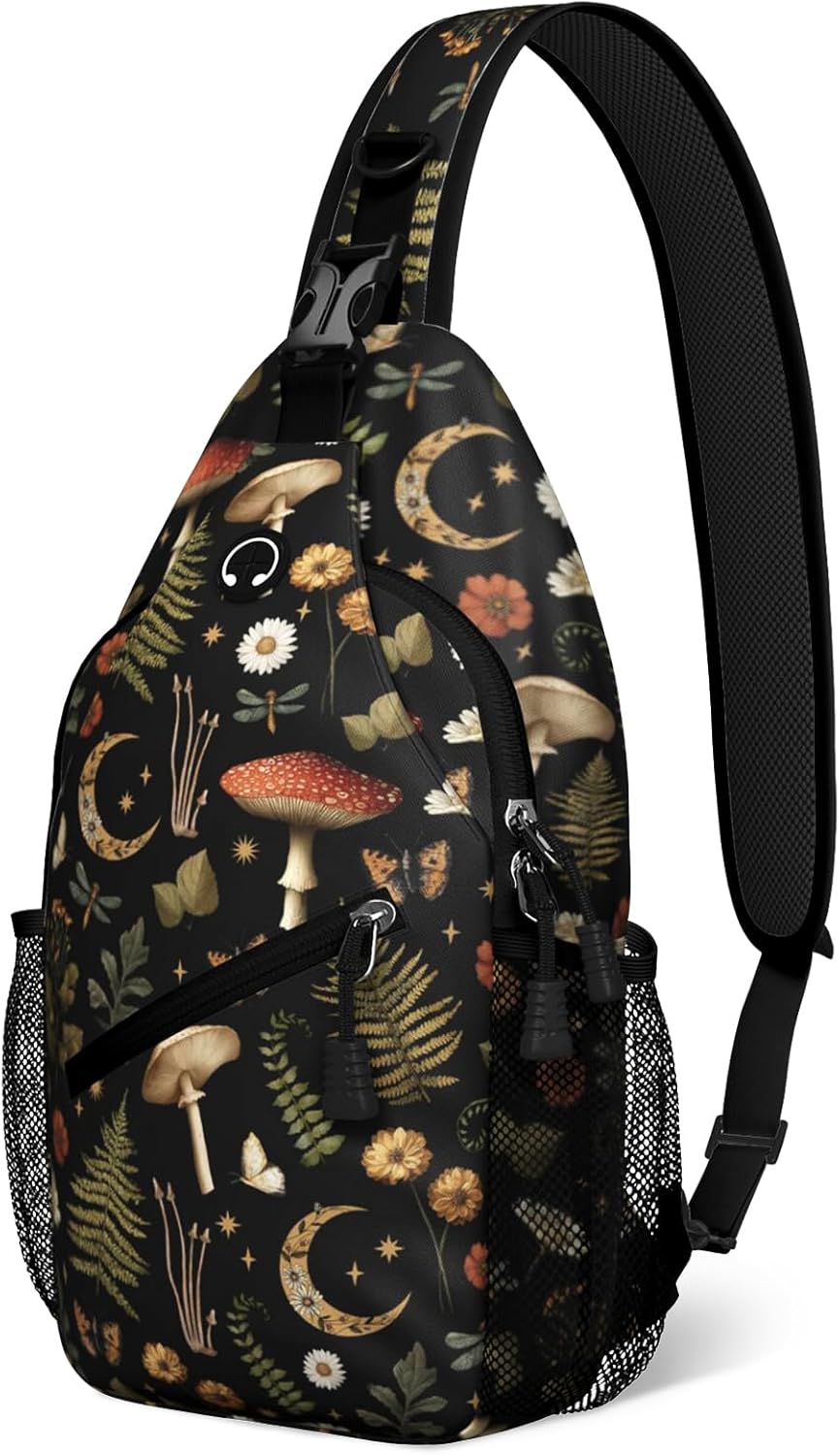 Black Mushroom Plant Sling Bag Crossbody Chest Bag for Women Men, Water Resistant Lightweight