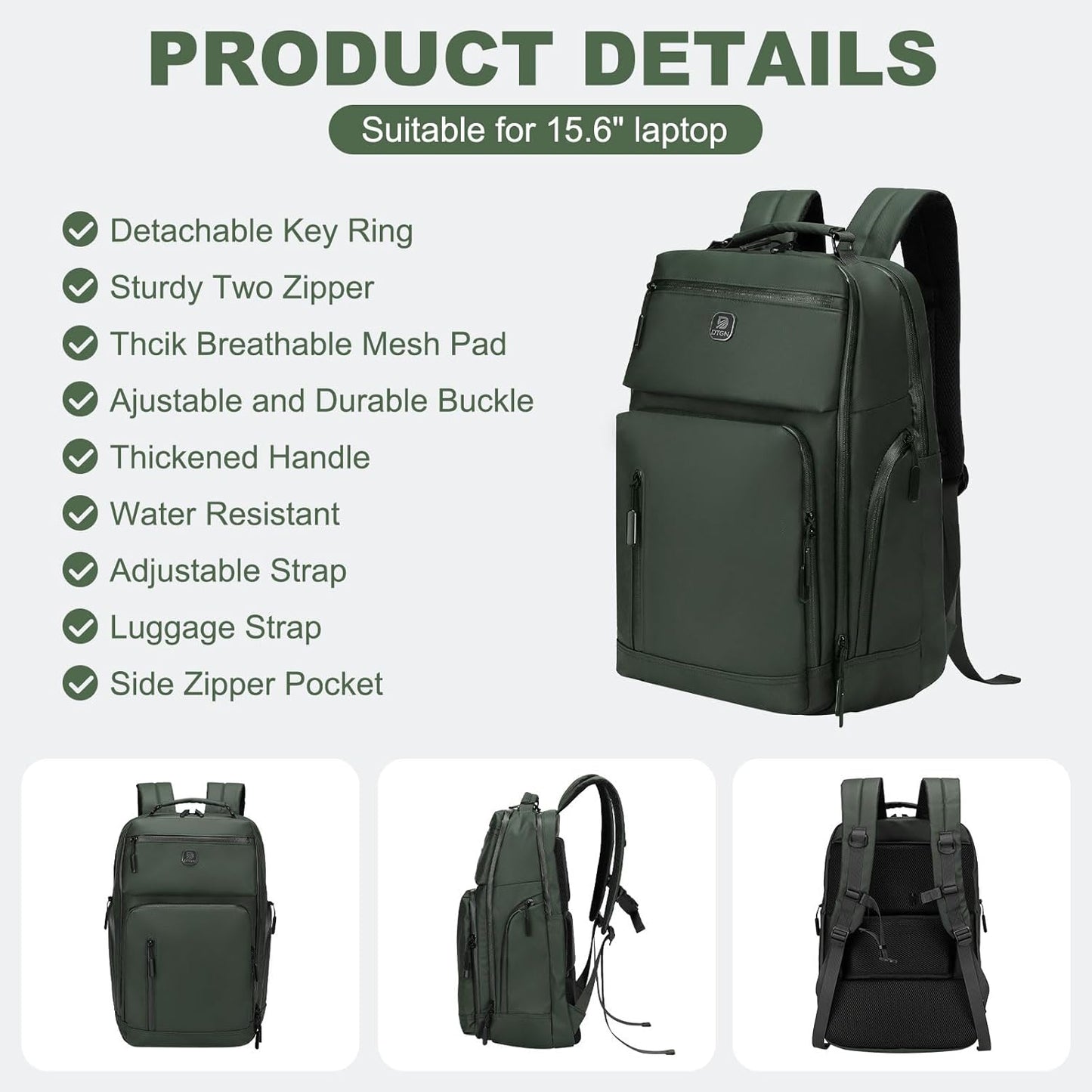 Large Capacity Water Resistant Laptop Backpack, 17 Inch Airplane Approved Durable Bag for College, Business Travel, Green