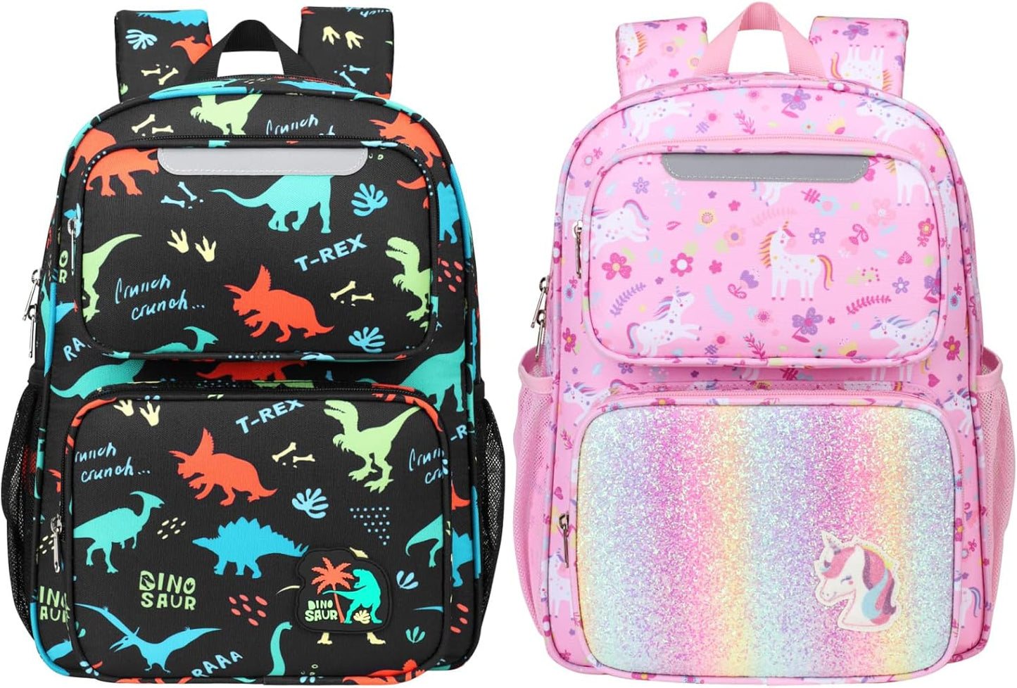 2pcs Kids Backpack for Boys Girls - 15 Inch Backpack for Kids 3 to 8, Lightweight Bookbag for Preschool Kindergarten Elementary School, Insulated Pocket, Black Dino & Pink Unicorn