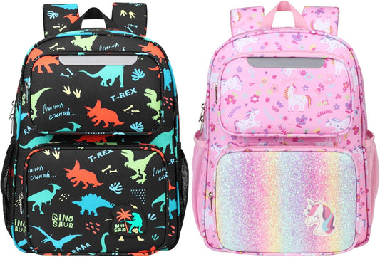 2pcs Kids Backpack for Boys Girls - 15 Inch Backpack for Kids 3 to 8, Lightweight Bookbag for Preschool Kindergarten Elementary School, Insulated Pocket, Black Dino & Pink Unicorn