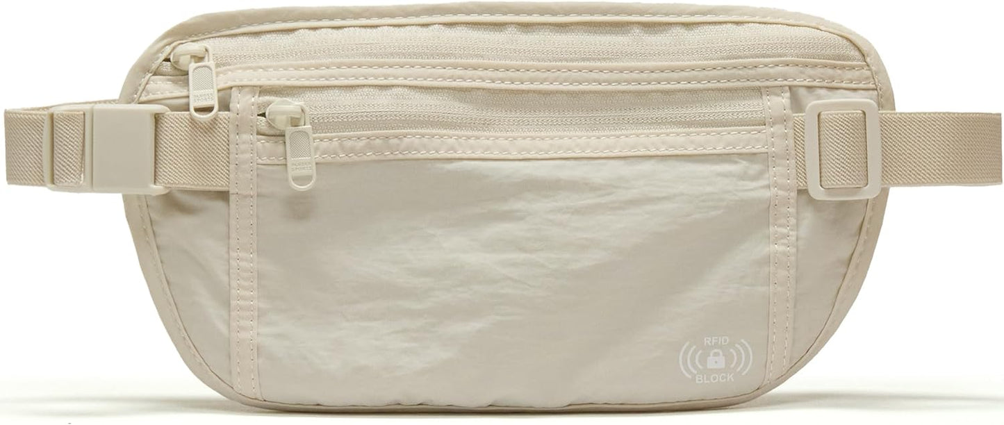 Pander RFID Blocking Travel Money Belt – Hidden Waist Pouch for Passport, Cash, Cards, Slim Belt Bag for Men and Women, White Opal