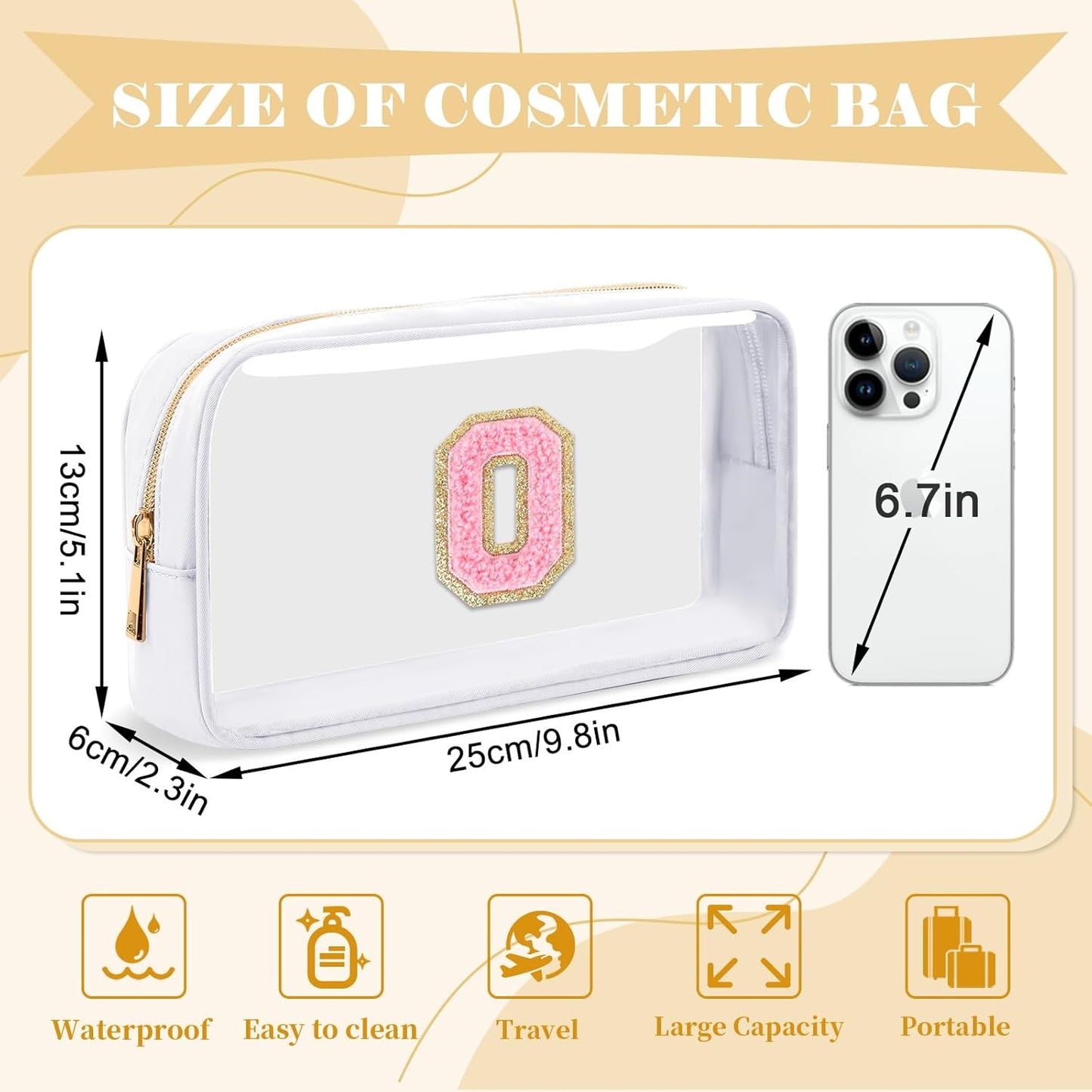 Personalized Initial Letter Clear Makeup Bag,Preppy Small Nylon&PVC Cosmetic Zipper Bag with Chenille Letter,Travel Skincare Toiletry Bag,Monogram Christmas Gift for Teen Girls Women,O