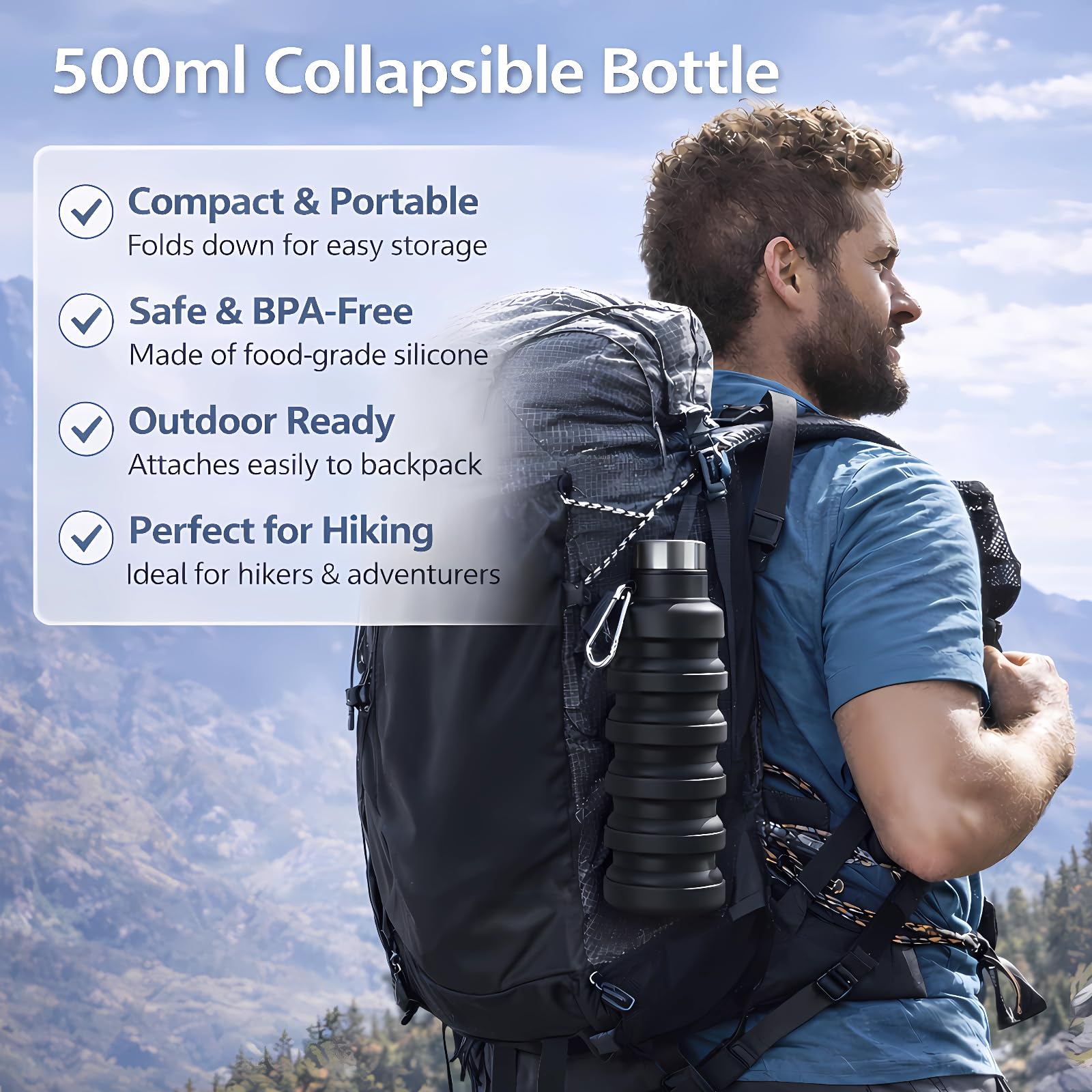 Collapsible Water Bottles,16oz Capacity Portable Reusable Silicone Water Bottle,Leak-proof,with