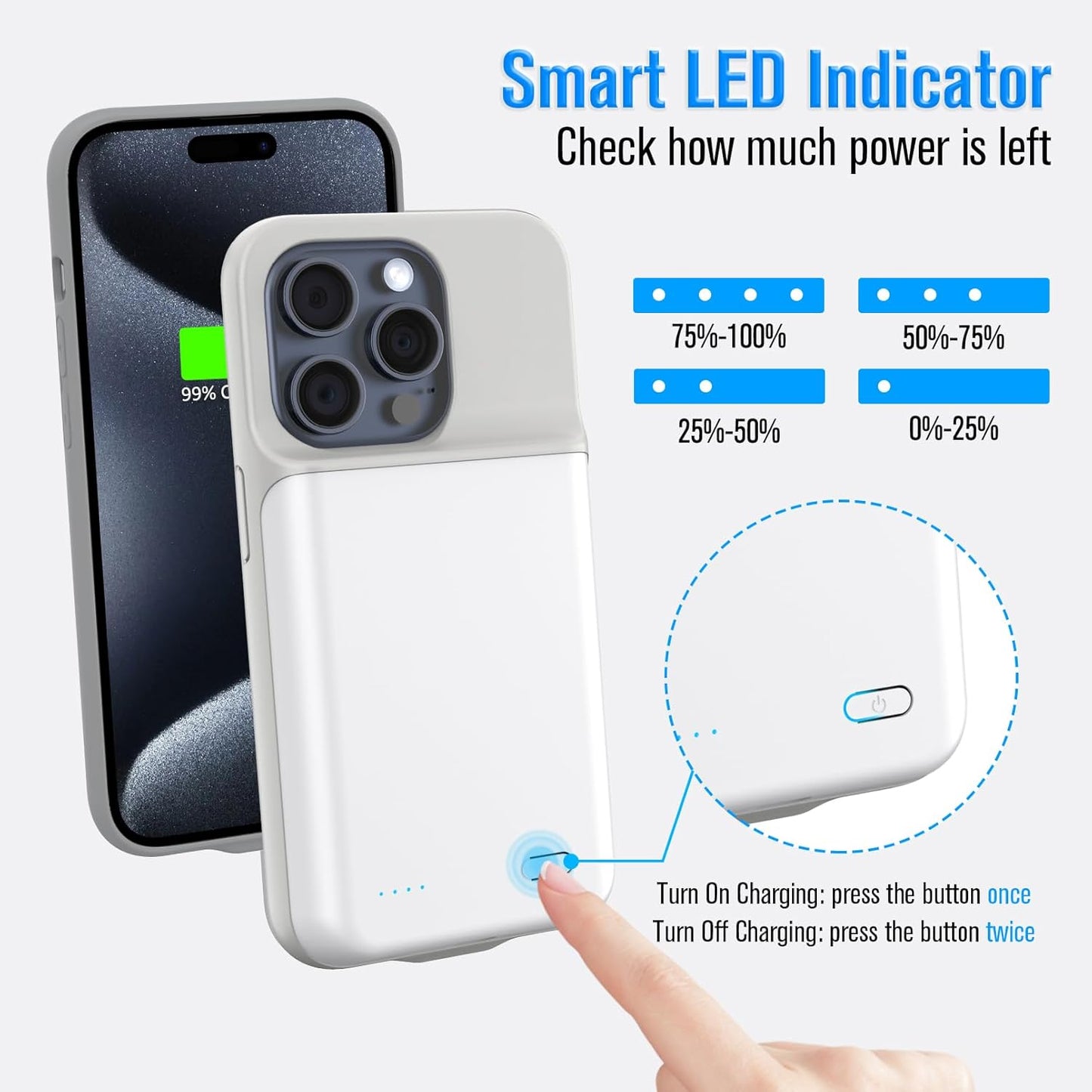 Charging Case for iPhone 15 Pro Max, Ultra Slim 8500mAh Rechargable Battery Case Charger Protective External Lightweight Smart Battery Pack Compatible with 15 Pro Max, 6.7 inch, White