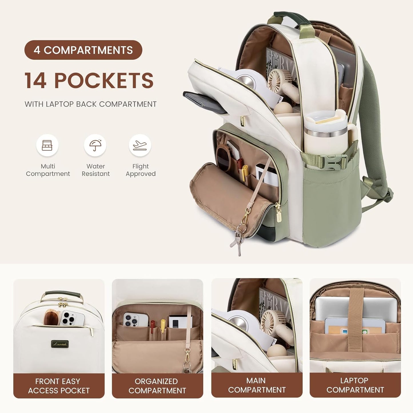 LOVEVOOK Laptop Backpack for Women with Pouch Pocket for Large Capacity Cup,17 Inch Laptop Computer Bag Travel Backpack Purse,Waterproof Work College Teacher Bags,White-Bean Green-Dark Olive Green
