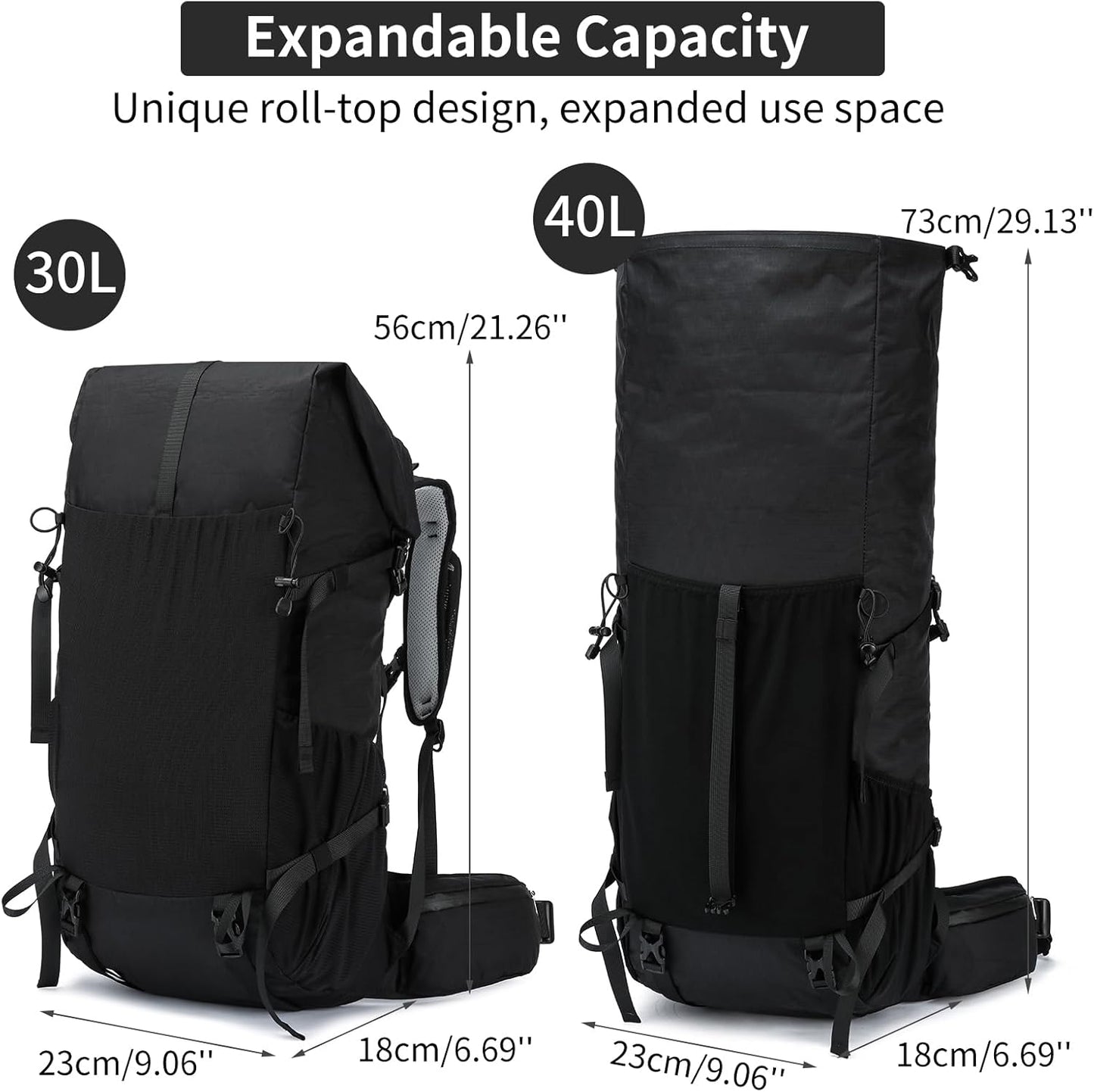 Hiking Backpack,30L +10L Extra Large Capacity Hiking Bag,Internal Frame Camping Backpack,Upgraded X-PAC Lightweight Sport Daypack Travel Backpacks Fit For Mountain Climbing Camping (Black)