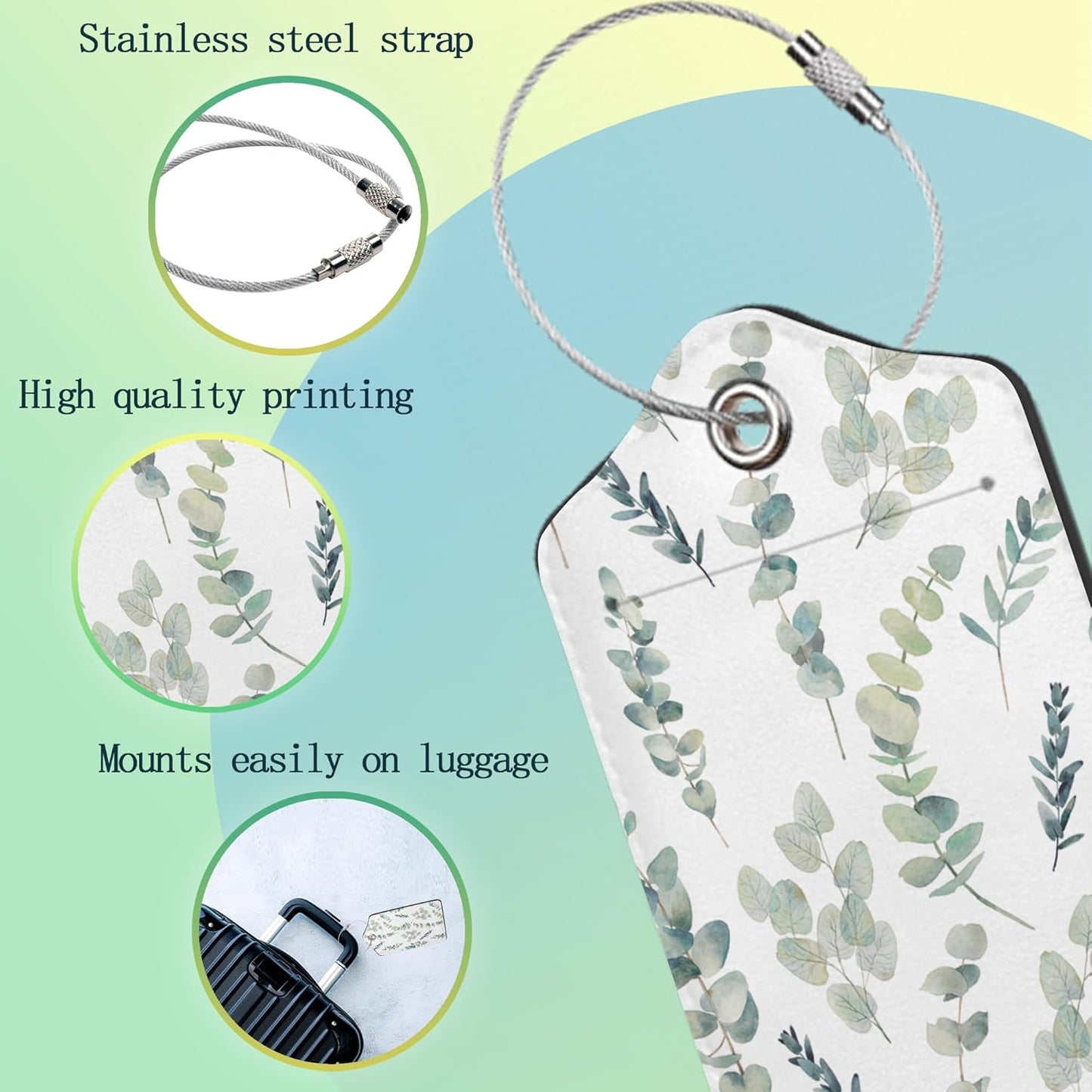 Luggage Tags Set of 2 Eucalyptus Leaves Watercolor Leather Suitcase Tags with Stainless Steel Loop and Privacy Cover for Women Men Travel Luggage Accessories