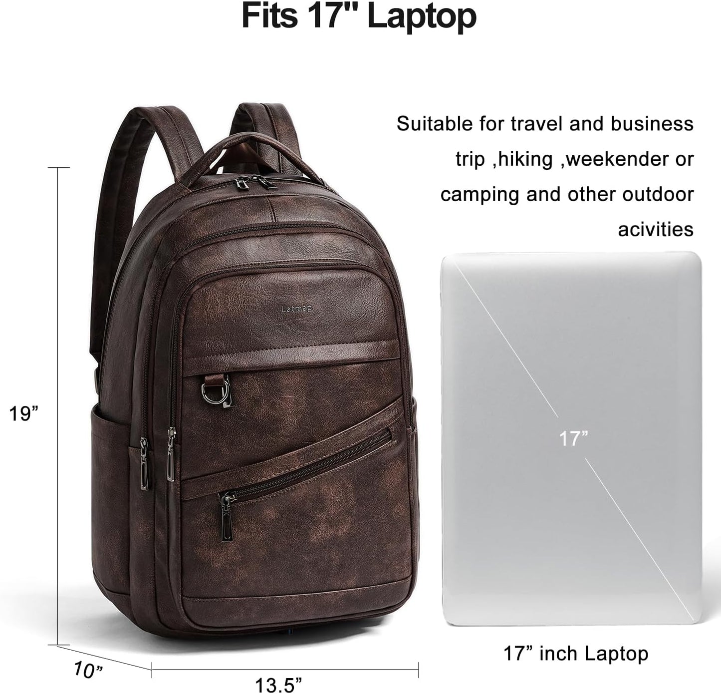 43L Backpack for Women Men - Vegan Leather Backpack Purse Travel Carry-on Bag College Bookbag Work fits 17" Laptop, Coffee