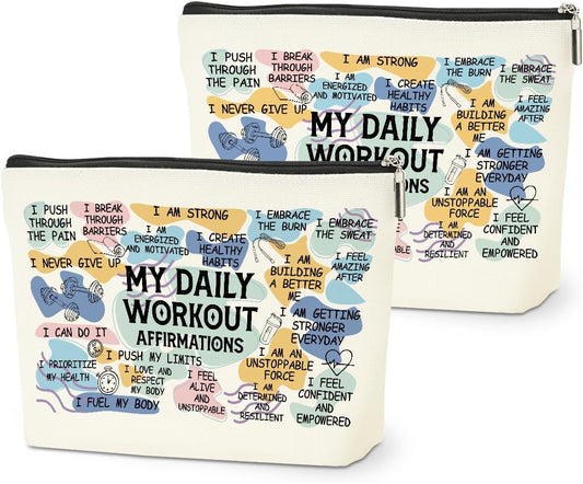 2PCS Daily Affirmations for Women Makeup Bag, Workout Gifts Gym Necessities for Women Encouragement Inspirational Mental Health Gym Gifts for Female Coworker Birthday Travel Toiletry Cosmetic Bag