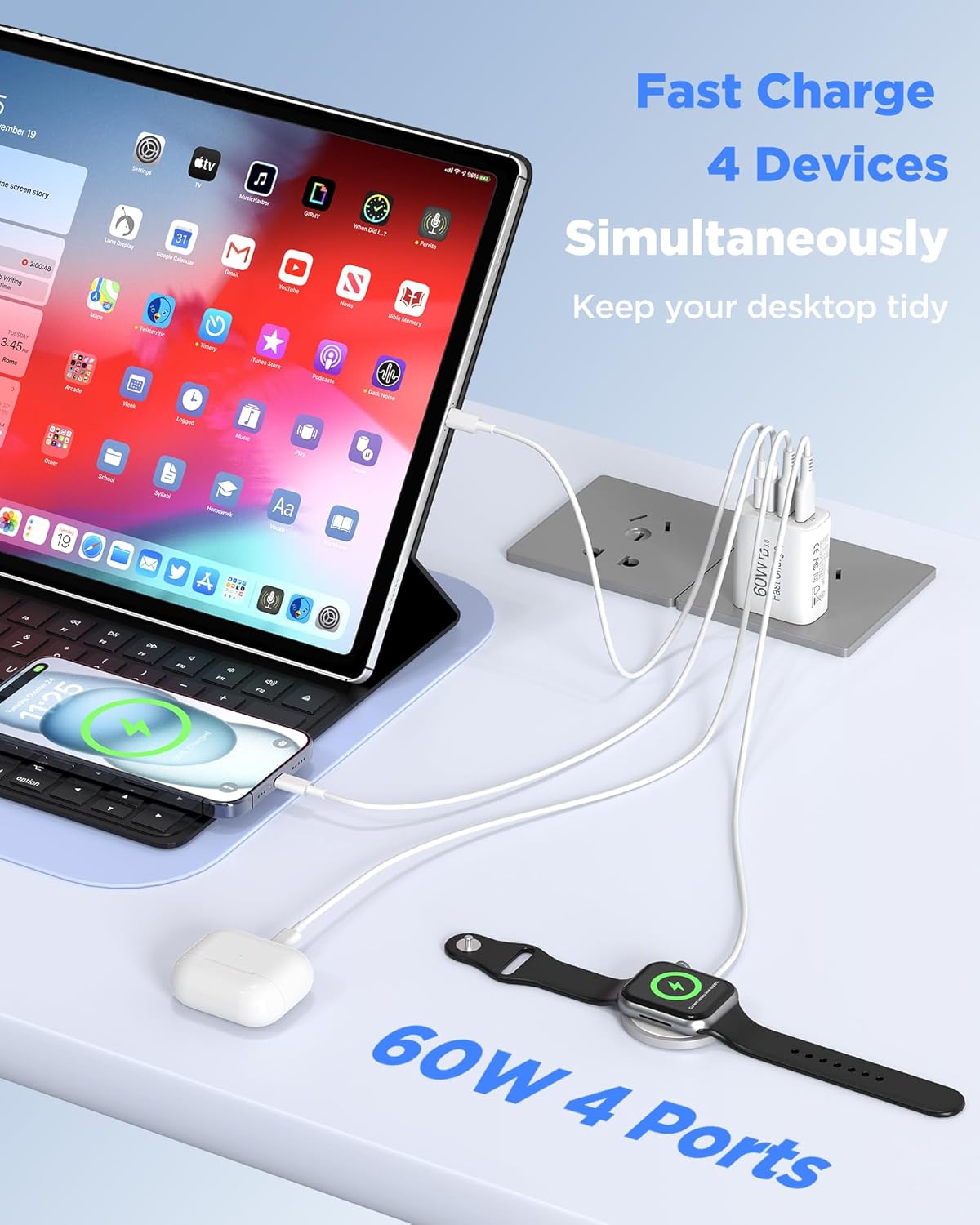 60W USB C Charger,2Pack 10FT iPhone 17 Pro Max Charger Fast Charging,4Port USB-A USB-C Fast Charging Block with 10ft USBC Cable Cord for Apple iPhone 17 Pro Max/17 Air/16Pro Max/15Plus/16/iPad,AirPods