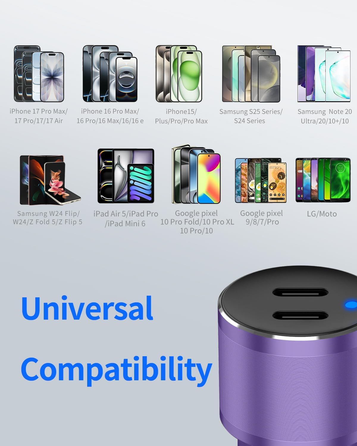 Dual 45W USB C Car Charger, 90W Max Super Fast Charging, All Metal 12V Cigarette Lighter Adapter for iPhone 17 Pro Max/16/15/iPad, Samsung Galaxy S25/S24, Google Phones with 2 Type C Cord 3.3ft Purple