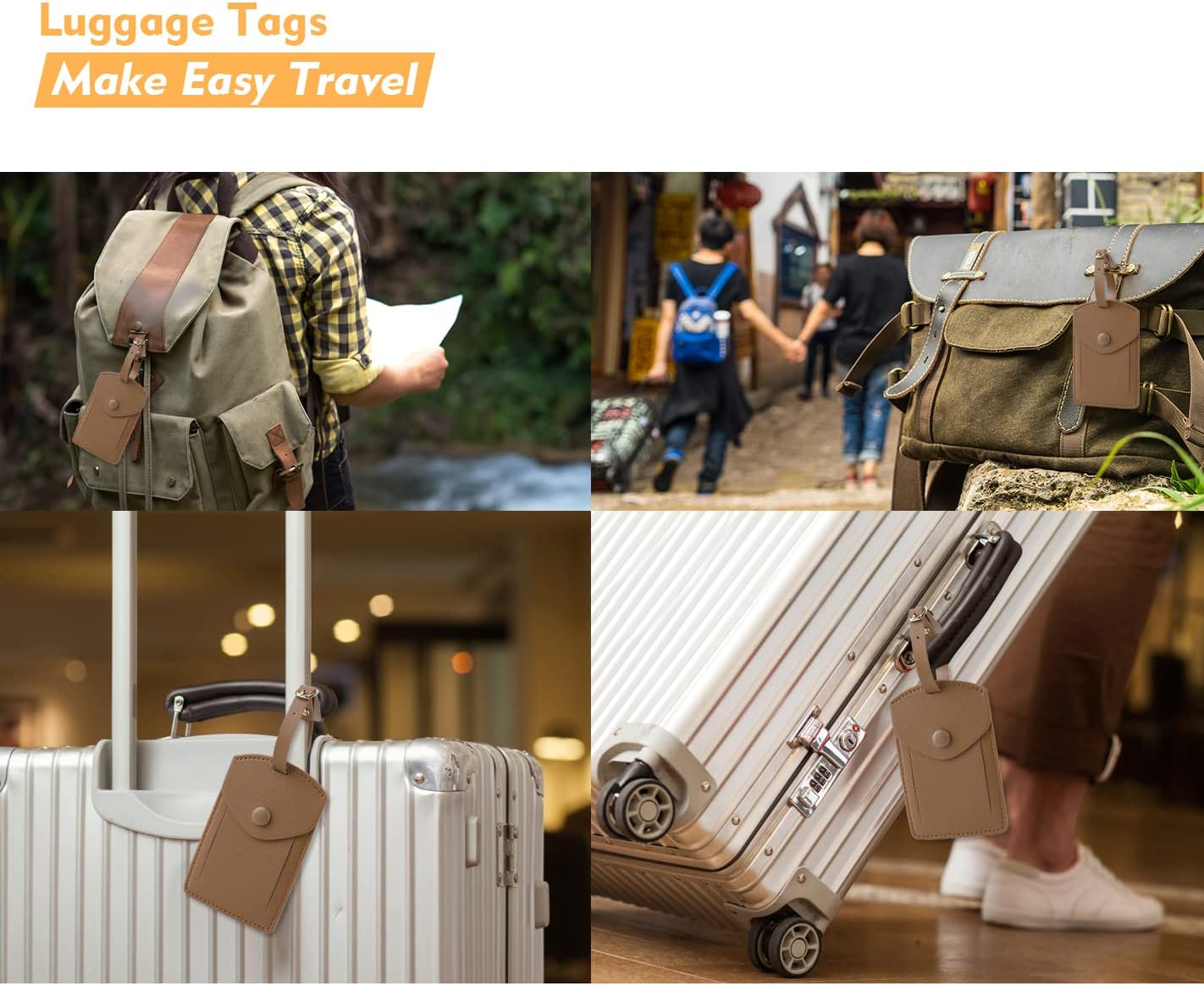 Kevancho Leather Smart Luggage Tags for Men Women, Suitcase Labels Baggage Tote Bag Tag ID Tags with Full Back Privacy Cover for Carnival Cruise Ships, Travel Accessories Tags Set of 2 PCS (Tan)