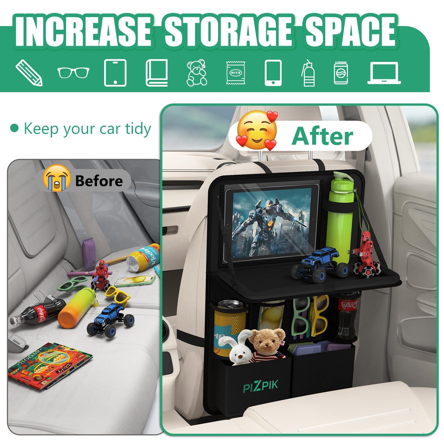 Plzpik Car Backseat Organizer with Tray(1Pack),13Storage Pockets with Foldable Food Tray, Protector
