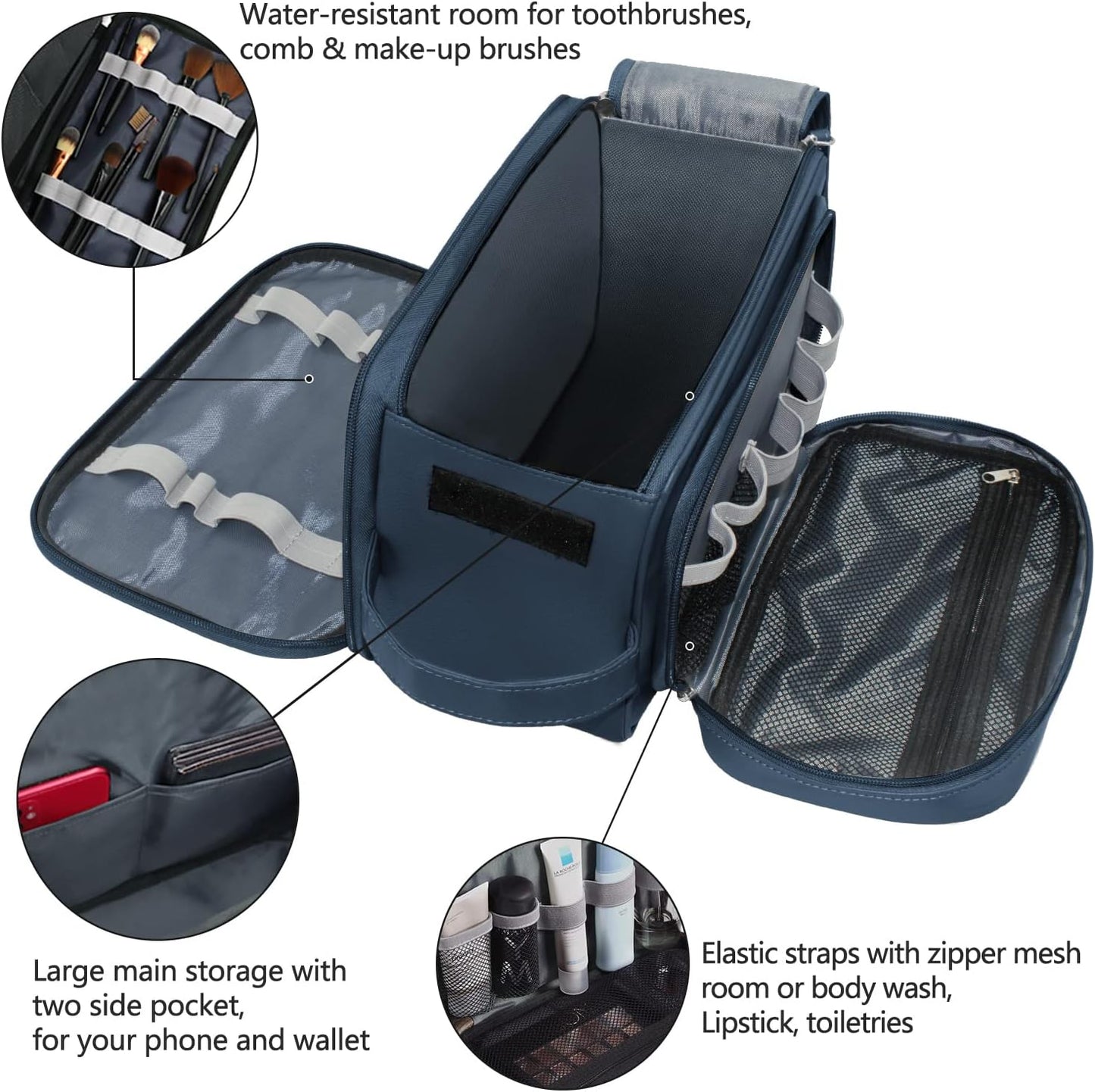 Buruis Extra Large Toiletry Bag for Men, Travel Toiletry Organizer Dopp Kit Water-resistant Shaving Bags, PU Leather Cosmetic Bathroom Shower Bag for Toiletries, Grooming, Accessories (Blue)