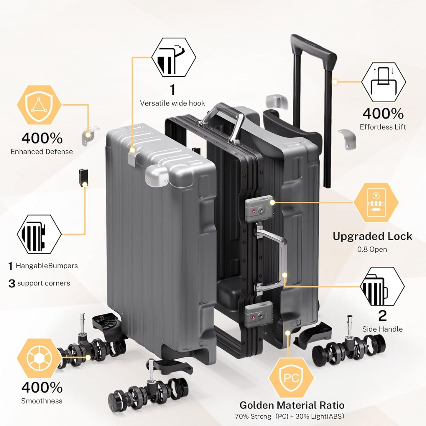 Krute Luggage 24 Inch Aluminum Frame Zipperless Suitcase with Spinner Wheels Checked Luggage PC+ABS Lightweight Hardshell