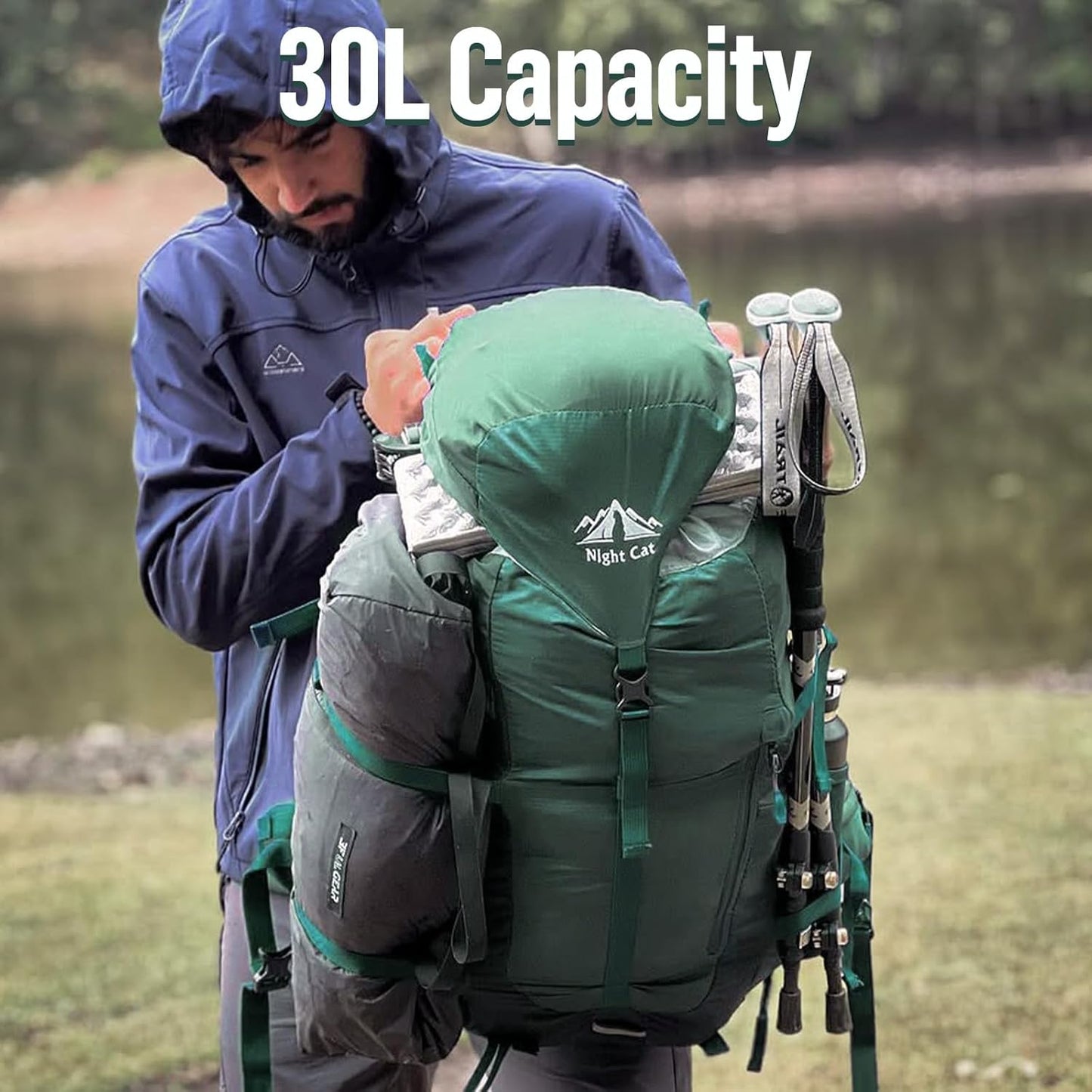 Night Cat Internal-frame Hiking Backpack: 30L Camping Backpack for Men Women Lightweight Waterproof Rain Cover Green