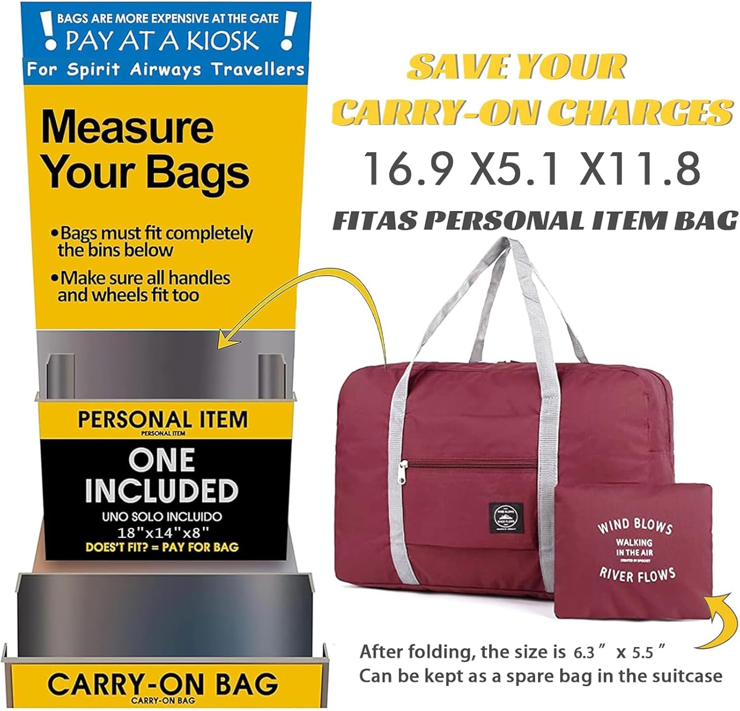 Foldable Travel Duffel Bag 2PCS Tote Carry on Luggage Bag Spirit Airlines Personal item Sports Gym