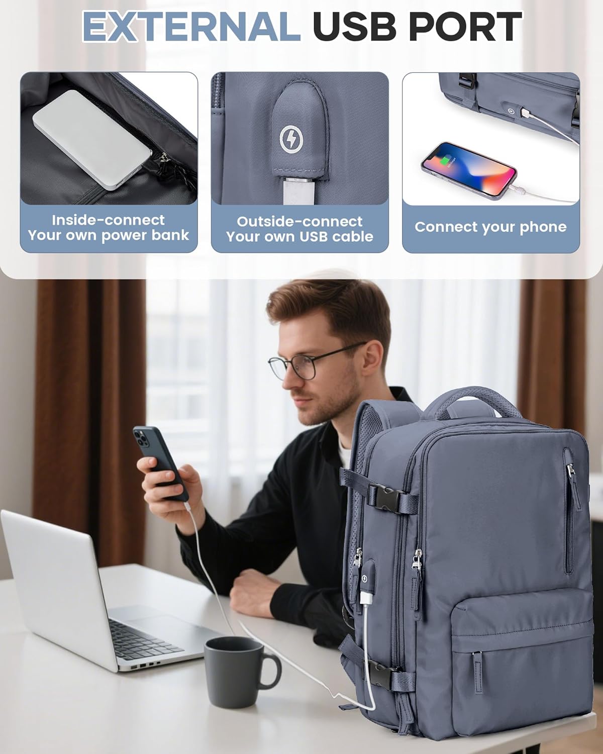 Vacuum Backpack Travel with Pump, Water Resistant Cabin Size Travel Backpack with Vacuum System, 18x14x8 Frontier Personal Item Travel Bag for Men Women Fits 16" Laptop Backpack, Grey Blue