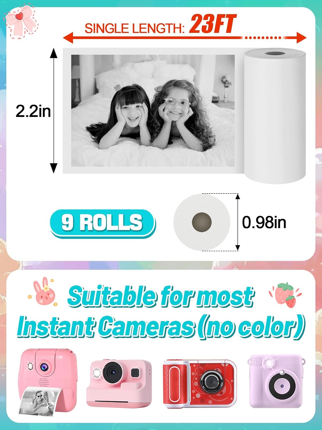 9 Rolls Kids Instant Camera Print Refill Paper- Photo Printer Thermal Paper Rolls Instant Print Camera Refill Paper for 4 5 6 7 8 9 10 Year Old Girls Boys Birthday Gifts