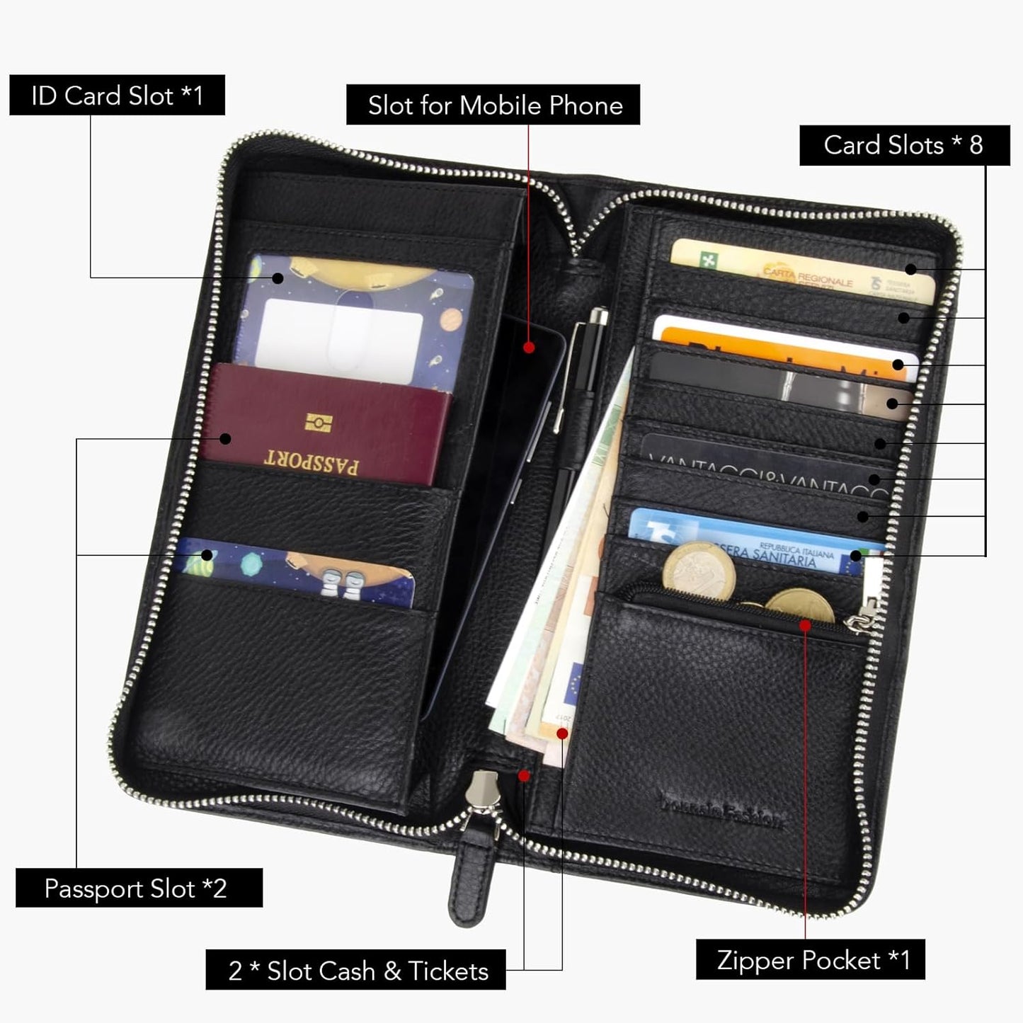 Premium Full-Grained Leather RFID Passport Holder for Travel, Multifunctional and Large Capacity RFID Blocking Passport Holder Wallet (Black)