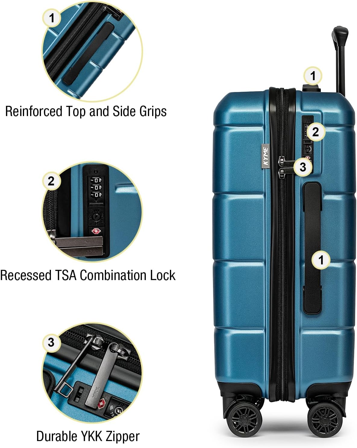 KYME 26 Inch Luggage TSA Approved Hard Shell Suitcases with Spinner Wheels Durable Medium Travel Checked Luggage with Cup Holder for Women Men Blue