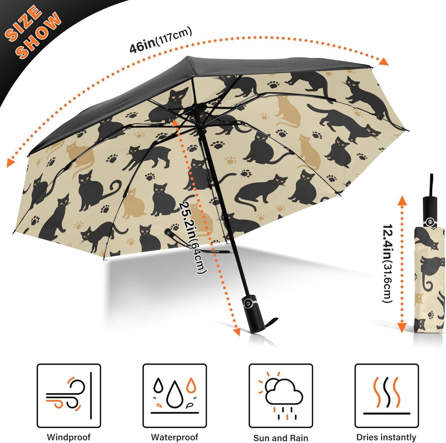 Automatic Folding Umbrella Windproof Strong, UV Protection Compact Black Gothic Moon Spider Webs and Bats Sun Rain Sun Rain Travel Umbrellas for Women Men