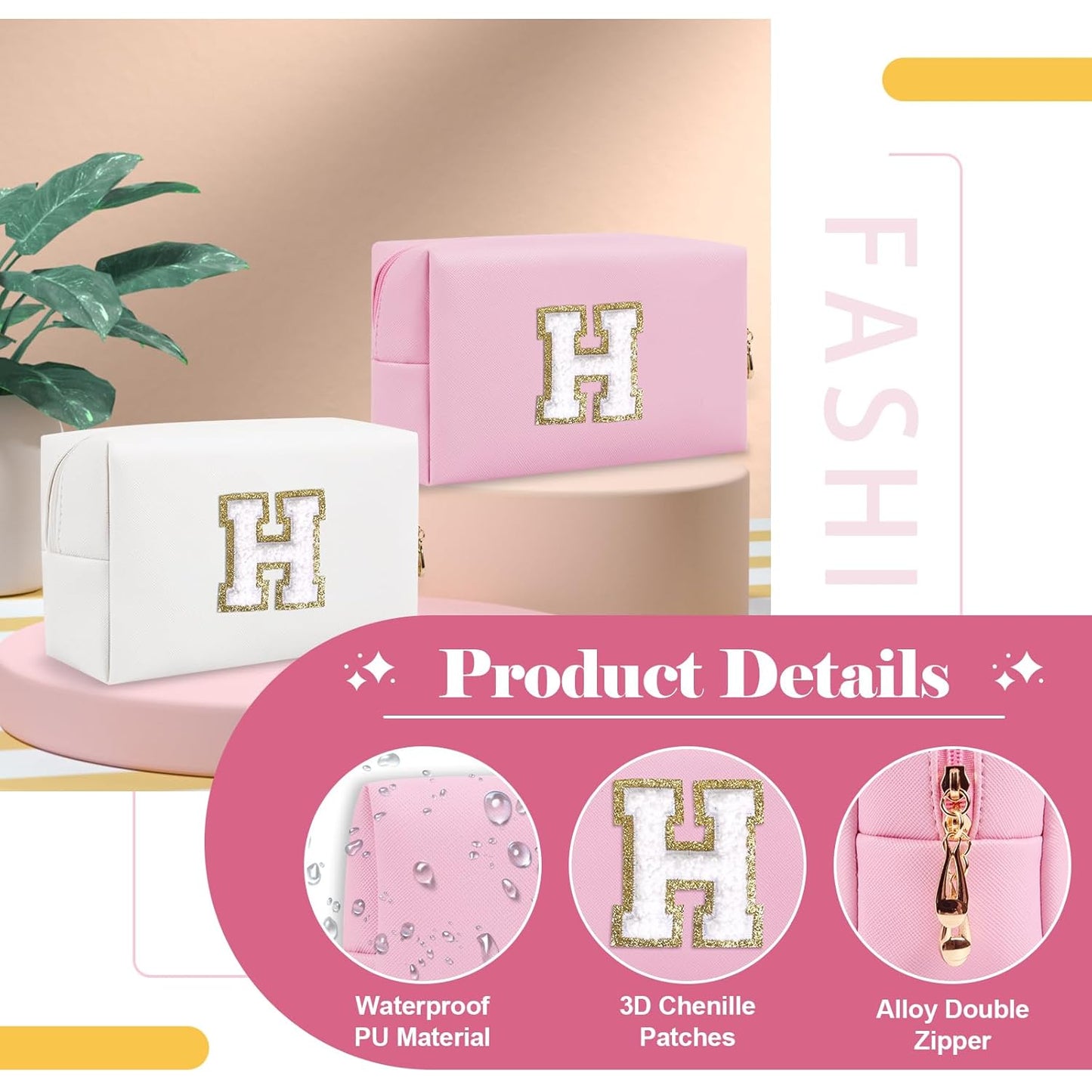 Personalized Initial A-Z Preppy Patch Makeup Bag,Small PU Chenille Letter Cosmetic Bag with Zipper