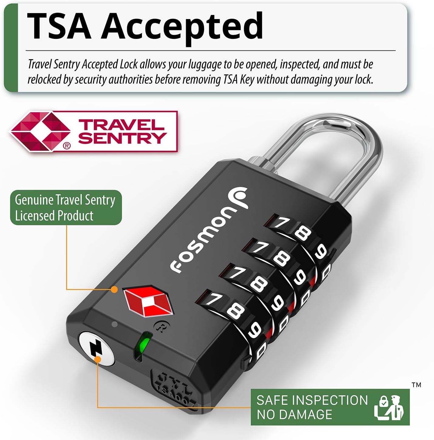 Fosmon TSA Approved Locks for Luggage/ Suitcase with Open Alert Indicator (4 Pack), Heavy Duty Gun