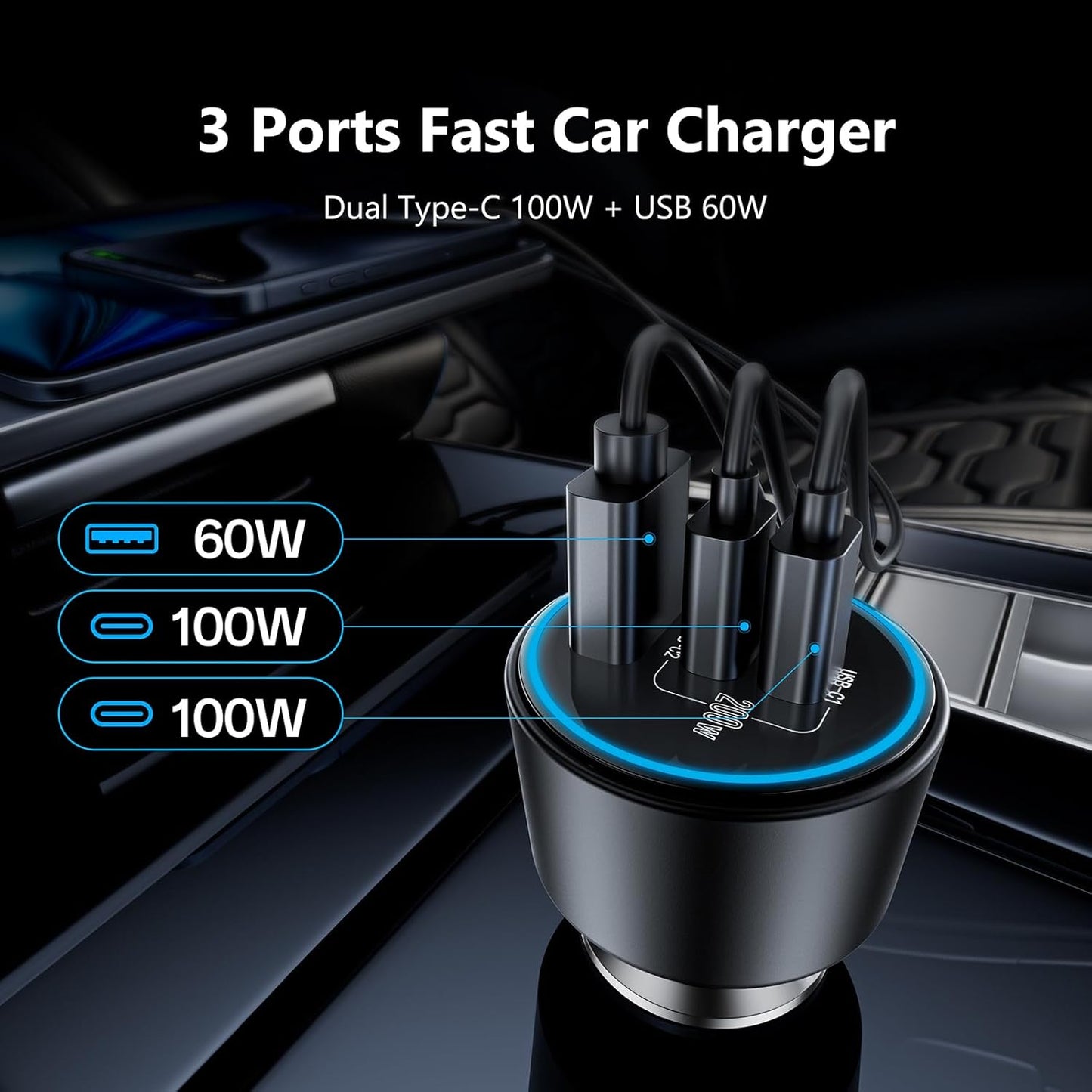 USB C Car Charger, 2Pack 3-Port 200W Dual USB-C & USB-A Phone Car Charger Adapter PD/QC Fast Charging Cigarette Lighter for Phone 16 15 14 13 12 Pro Max, Laptop MacBook Samsung Galaxy S24