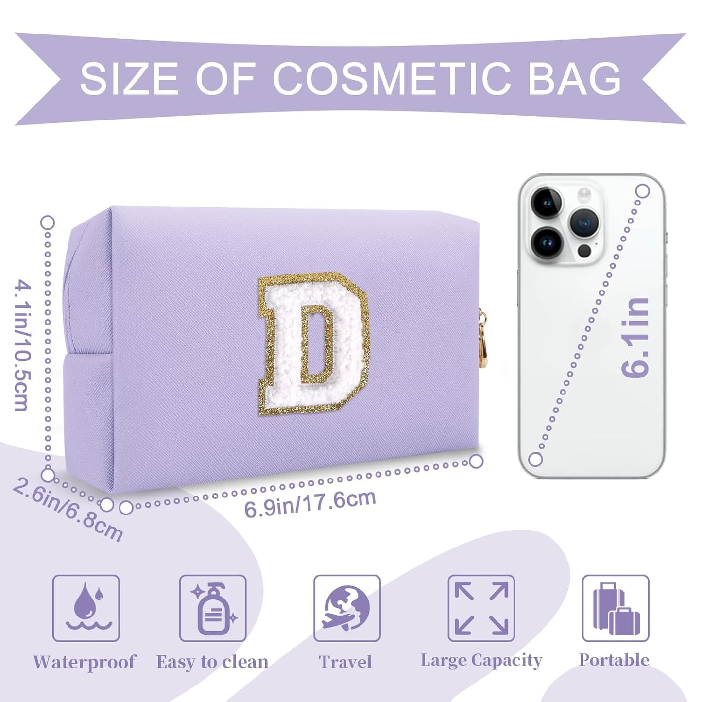 Personalized Makeup Bag Initial A-Z Preppy Patch Bag,Small PU Leather Travel Cosmetic Bag Pouch with Zipper,Purple Cute Toiletry Bag,Gift Ideal for Teen Girls Women Birthday Friend Mom,Latter D
