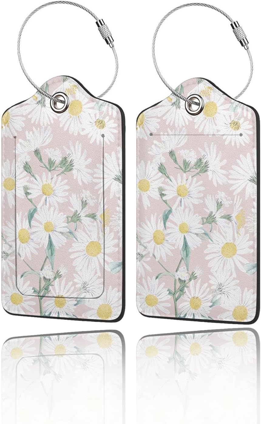2 Pack Luggage Tags for Suitcase, Privacy Cover ID Label with Stainless Steel and Address Card for Travel Bag Backpack Cruise Ship Essentials Tag Women Girls - Daisy Flower Floral