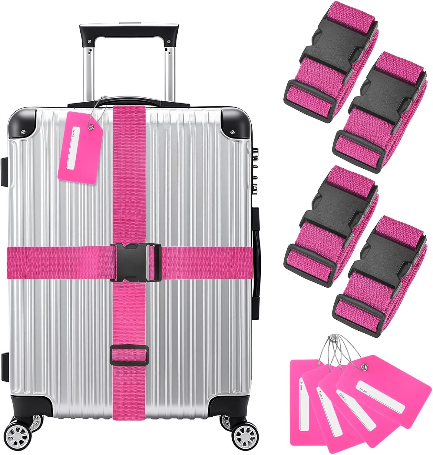 4-Sets Luggage Straps TSA Approved, Travel Straps for Luggage Suitcase Tags Set, Adjustable Suitcase Belt [Rose Red]
