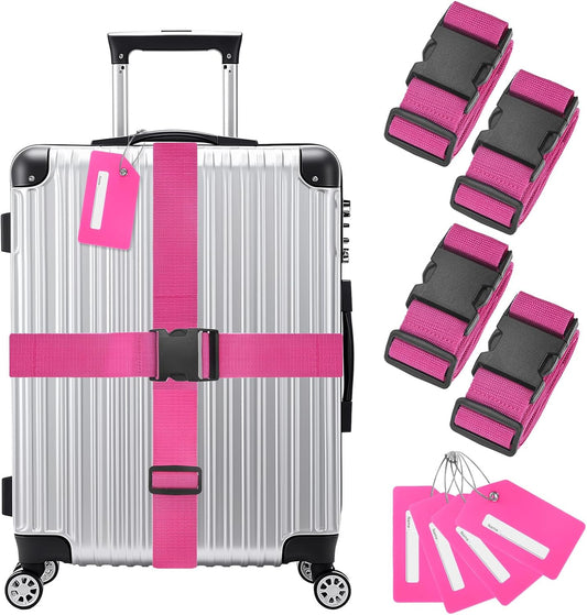 4-Sets Luggage Straps TSA Approved, Travel Straps for Luggage Suitcase Tags Set, Adjustable Suitcase Belt [Rose Red]