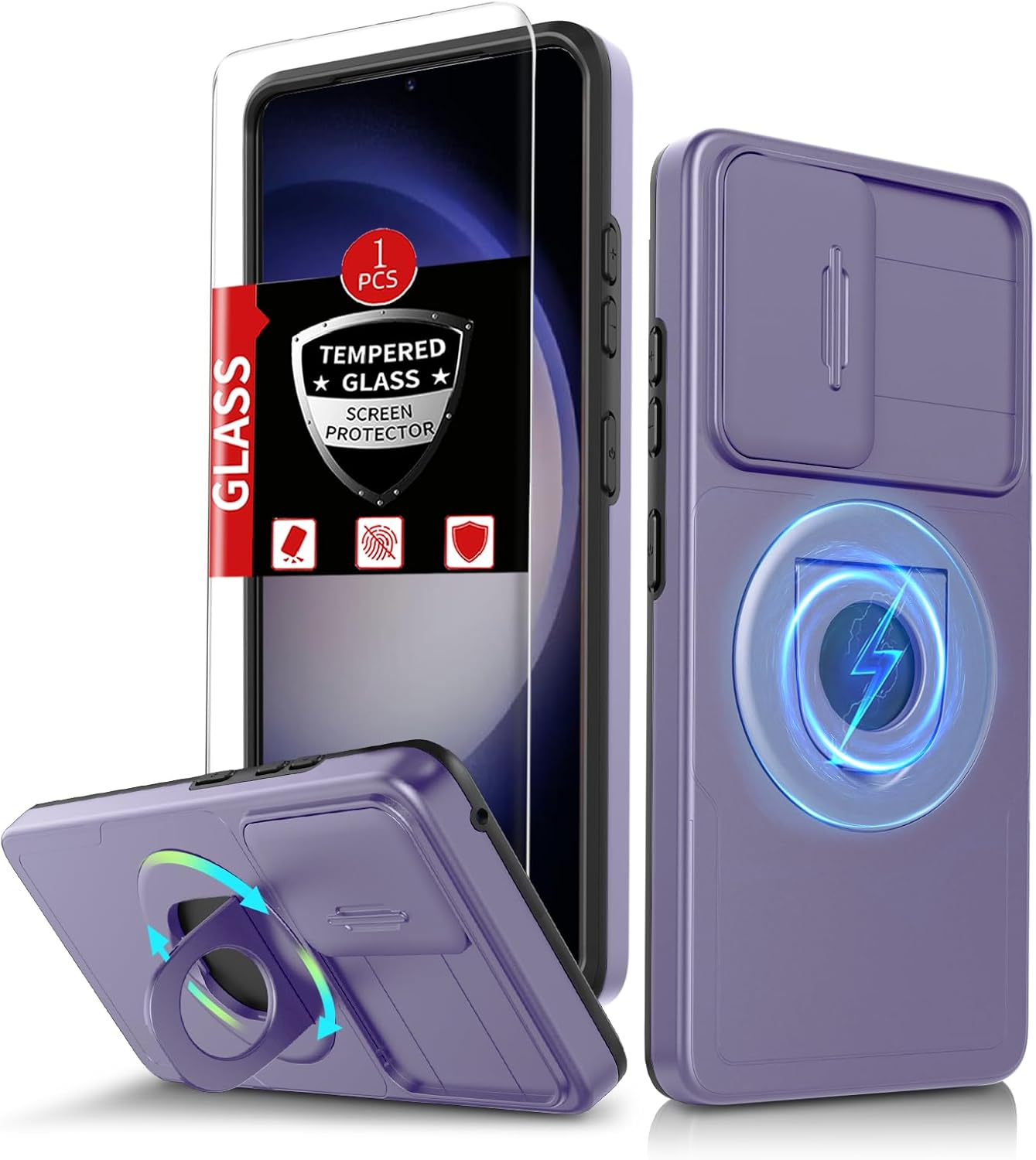 for Samsung Galaxy S23Plus Case Magnetic Compatible with MagSafe Wireless Charging,with Screen Protector,for S23+Plus Case with Stand Ring+Camera Cover Shockproof Heavy Duty Protection Purple