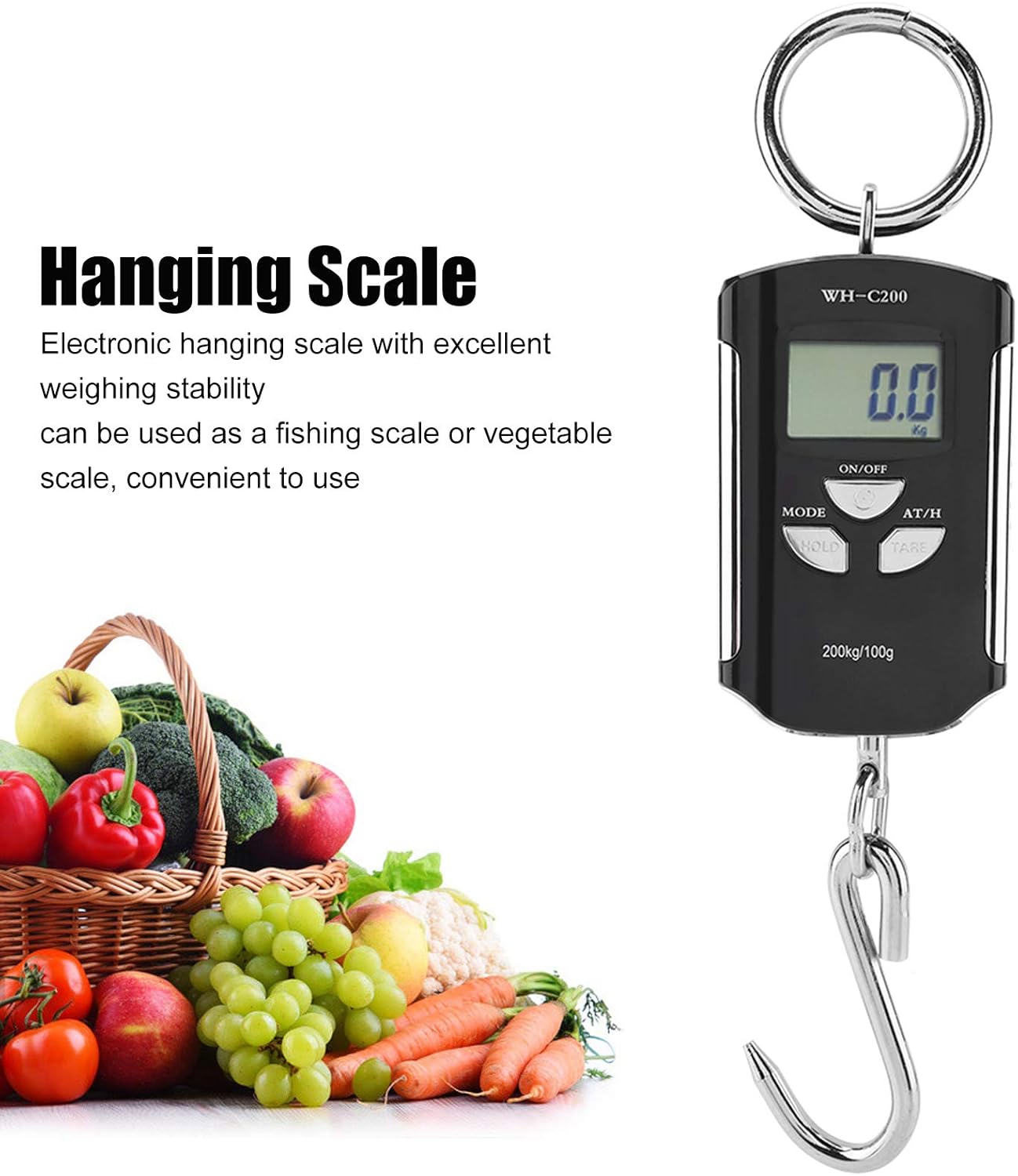 Digital Fish Scale, 200kg Digital Hanging Scale with Hook Backlit LCD Display Travel Accessories for Portable Hanging Baggage (Silver Frame)
