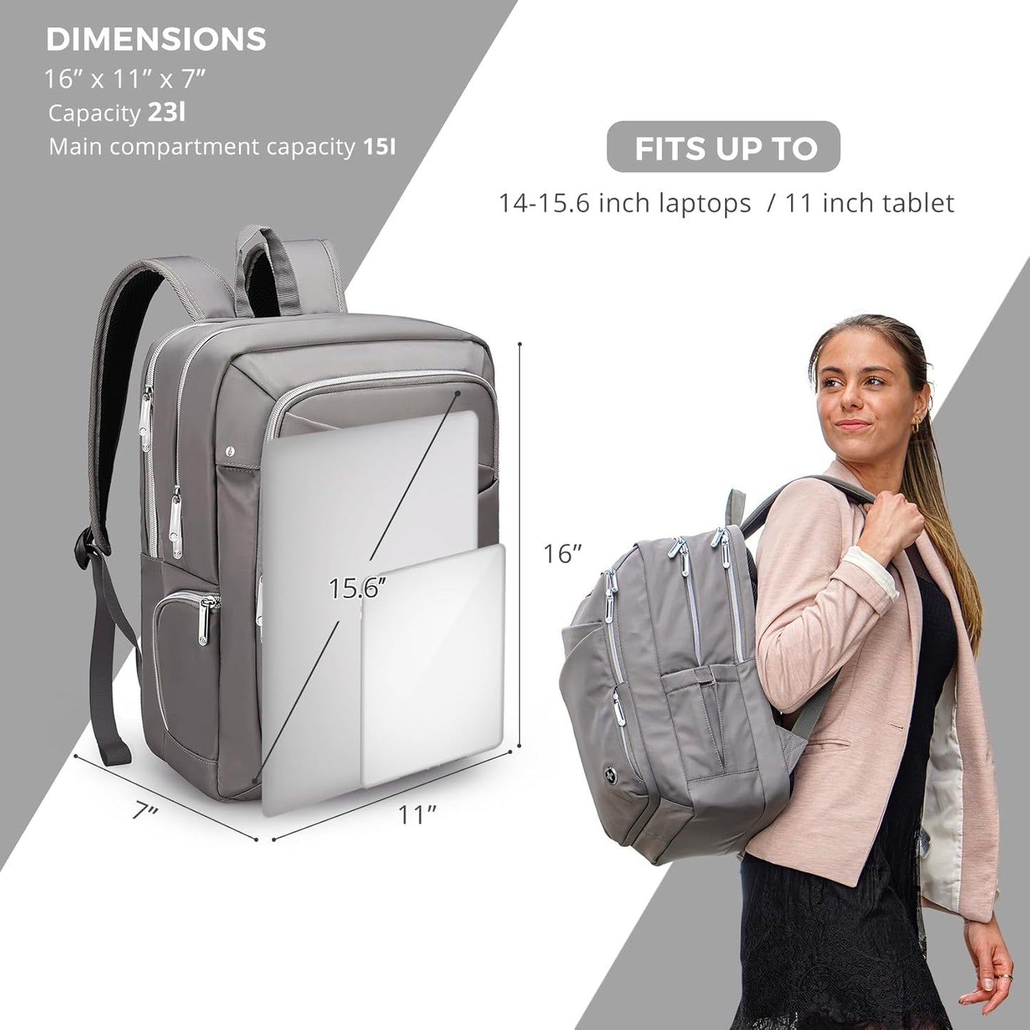 Swissdigital Design Laptop Backpack for Women，Travel Backpack with USB Charging Port，Fits 15.6 Inch School Computer Backpacks for Work Business,Grey | KATY ROSE