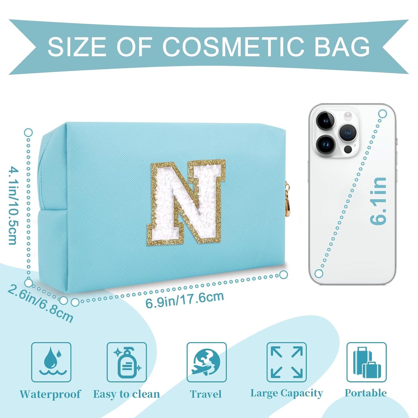 Small Personalized Initial A-Z Preppy Patch Makeup Bag,PU Chenille Letter Travel Cosmetic Pouch with Zipper,Blue Cute Toiletry Bag,Gift Ideal for Teen Girls Women Teacher Bridesmaid,Letter N