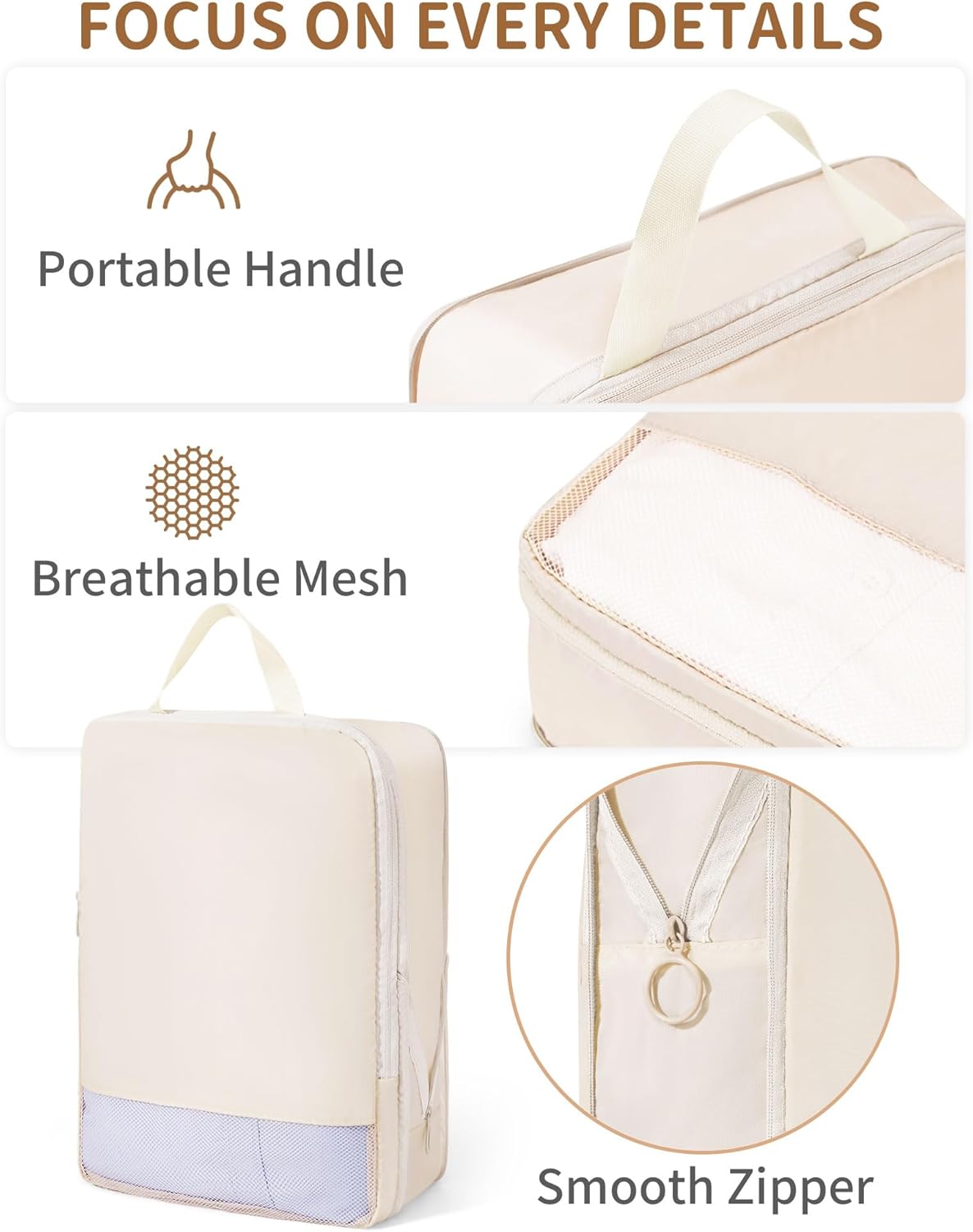 Compression Packing Cubes 11 Set, Suitcase Organizers, Luggage Organizer Bags for Storage, Extendable Packing Cubes for Travel Compression, Travel Essentials, Beige