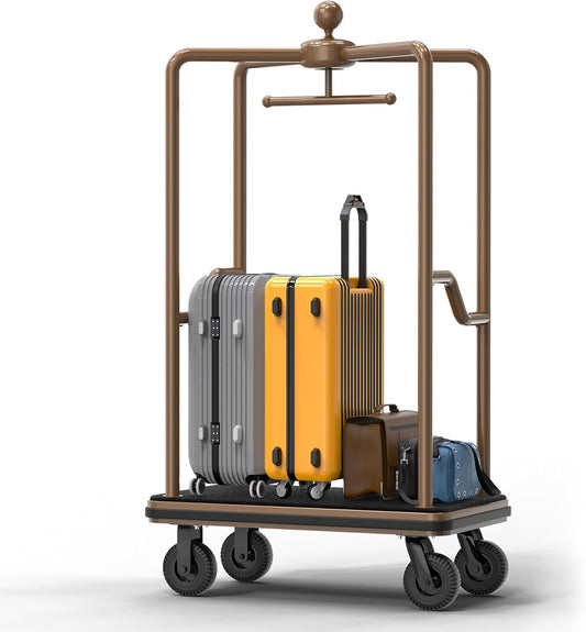 Hotel Luggage Cart,1500 lbs Bellman Trolley, 47"x25"x77" Brushed Stainless Steel, 8" Silent Rubber Pneumatic Wheels, Nylon Carpet Deck Bumper Rails – for Hotels, Resorts & Condos (Spherical top)